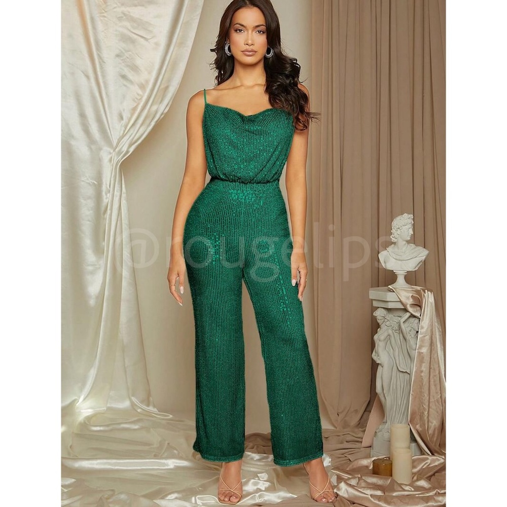 Sequined Cami Cowl Neck Jumpsuit Green Party Playsuit Long - Picture 4 of 6